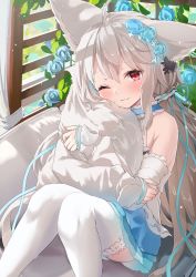 Rule 34 | 1girl, absurdres, animal ears, bare shoulders, blonde hair, blue bow, blue skirt, blush, bow, feet out of frame, flower, frilled thighhighs, frills, grey hair, hair bow, hair ribbon, highres, looking at viewer, matcha (user yyss8744), one eye closed, original, outdoors, red eyes, ribbon, sakurada shiro (hy plus), skirt, solo, tail, thighhighs, thighs, twintails, white thighhighs