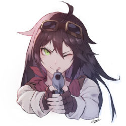 Rule 34 | 1girl, ;q, absurdres, ahoge, aiming, aiming at viewer, bad id, bad pixiv id, bandana, brown gloves, brown hair, commentary, cropped torso, english commentary, erospanda, finger on trigger, fingerless gloves, fingernails, gloves, goggles, goggles on head, green eyes, gun, hair between eyes, head tilt, highres, holding, holding gun, holding weapon, long hair, long sleeves, looking at viewer, one eye closed, original, pointing, pointing at viewer, pointing weapon, red bandana, shirt, signature, simple background, smile, solo, tongue, tongue out, tsurime, two-handed, v-shaped eyebrows, weapon, white background, white shirt