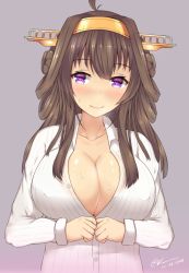 Rule 34 | 10s, 1girl, 2016, ahoge, artist name, bad anatomy, breasts, brown hair, buttons, collarbone, collared shirt, covered erect nipples, dated, eyebrows, headgear, heart, heart-shaped pupils, highres, kantai collection, kongou (kancolle), kongou kai ni (kancolle), kuavera, large breasts, long sleeves, looking at viewer, open clothes, open shirt, purple background, purple eyes, shiny skin, shirt, simple background, smile, solo, striped clothes, striped shirt, sweat, symbol-shaped pupils, undressing, white shirt