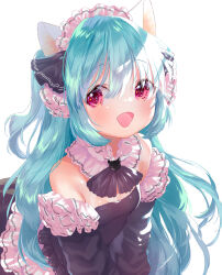 Rule 34 | 1girl, animal ears, apron, bare shoulders, black dress, blue hair, blush, breasts, cat ears, commentary request, detached collar, detached sleeves, dress, highres, long hair, looking at viewer, maid, maid headdress, mutou mato, open mouth, original, pink eyes, simple background, small breasts, smile, solo, strapless, strapless dress, two side up, upper body, white background