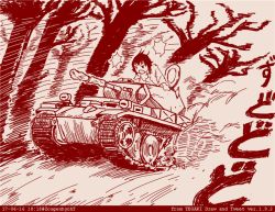 Rule 34 | 10s, 1girl, dated, girls und panzer, military, military vehicle, monochrome, motor vehicle, nishizumi maho, red theme, short hair, tank, tegaki draw and tweet, translation request, zougenhyoh