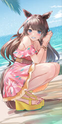 Rule 34 | 1girl, animal ears, barefoot, blue eyes, blue nails, blush, brown hair, day, grin, highres, horse ears, horse girl, horse tail, long hair, looking at viewer, multicolored nails, nabe puyo, nail polish, ocean, outdoors, purple nails, sandals, smile, solo, tail, toenail polish, toenails, toes, tosen jordan (aurore vacances) (umamusume), tosen jordan (umamusume), umamusume, yellow footwear