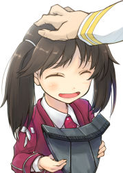 Rule 34 | 10s, 1boy, 1girl, :d, ^ ^, admiral (kancolle), bad id, bad pixiv id, brown hair, closed eyes, dress shirt, fang, hand on another&#039;s head, hat, unworn hat, head pat, headpat, unworn headwear, kantai collection, long hair, open mouth, personification, ryuujou (kancolle), shirt, simple background, smile, tamaki fuyu, twintails, upper body, visor cap, white background