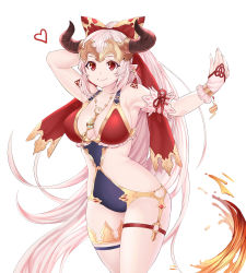 Rule 34 | 1girl, aliza (granblue fantasy), alternate costume, bad id, bad pixiv id, bow, breasts, cleavage, commentary request, cpqm, draph, granblue fantasy, hair bow, heart, highres, horns, large breasts, long hair, looking at viewer, one-piece swimsuit, pink hair, pointy ears, ponytail, red bow, red eyes, single thighhigh, smile, solo, swimsuit, thigh strap, thighhighs, very long hair, wrist cuffs
