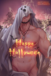 Rule 34 | 1boy, abs, avenger (dungeon and fighter), bara, bare pectorals, beard, cloak, cowboy shot, dungeon and fighter, facial hair, ghost costume, ghost print, groin, halloween costume, happy halloween, highres, kulolin, large pectorals, looking at viewer, male focus, male priest (dungeon and fighter), male pubic hair, mature male, muscular, muscular male, naked cloak, navel, nipples, pectorals, priest (dungeon and fighter), pubic hair, pubic hair peek, red eyes, seductive smile, short hair, smile, smirk, solo, stomach, undressing