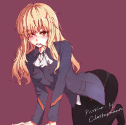 Rule 34 | 1girl, all fours, bad id, bad pixiv id, black pantyhose, blonde hair, blush, character name, eyewear in mouth, unworn eyewear, fuu  taro, glasses, long hair, military, military uniform, mouth hold, panties, panties under pantyhose, pantyhose, perrine h. clostermann, simple background, solo, strike witches, underwear, uniform, world witches series, yellow eyes