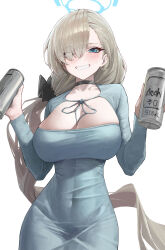 Rule 34 | 1girl, absurdres, alcohol, alternate costume, asahi breweries, asuna (blue archive), beer, black choker, blue archive, blue dress, blue eyes, blue halo, blush, breasts, can, choker, dongtan dress, dress, eyes visible through hair, grey hair, grin, hair over one eye, halo, highres, holding, holding can, hwan (verypoor), large breasts, long hair, long sleeves, meme attire, simple background, smile, solo, teeth, white background