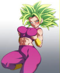 Rule 34 | 1girl, abs, blue eyes, breast hold, breasts, commentary request, covered erect nipples, crop top, dragon ball, dragon ball super, earrings, female focus, green hair, impossible clothes, impossible shirt, jewelry, kefla (dragon ball), large breasts, midriff, muscular, muscular female, navel, panties, pants, potara earrings, potara fusion, purple pants, purple tank top, raised eyebrow, rom (20), shirt, solo, super saiyan, tagme, tank top, underwear