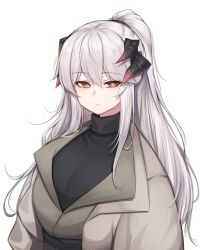Rule 34 | 1girl, absurdres, alternate costume, arknights, black shirt, casual, commentary request, grey jacket, highres, horns, jacket, long hair, looking at viewer, orange eyes, rikuguma, saria (arknights), shirt, simple background, solo, turtleneck, upper body, white background, white hair