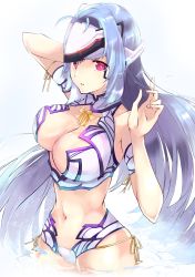 Rule 34 | 1girl, absurdres, bikini, blue hair, breasts, center opening, cleavage, cowboy shot, forehead protector, highres, kos-mos, kos-mos re:, large breasts, long hair, navel, red eyes, risumi (taka-fallcherryblossom), solo, swimsuit, very long hair, water, white background, white bikini, xenoblade chronicles (series), xenoblade chronicles 2, xenosaga