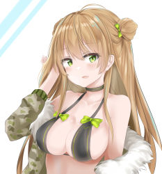Rule 34 | 1girl, absurdres, alternate costume, bare shoulders, bikini, blush, bow, breasts, brown hair, camouflage, camouflage jacket, choker, cleavage, collarbone, double bun, eyes visible through hair, fur-trimmed jacket, fur trim, girls&#039; frontline, green eyes, hair between eyes, hair bow, hair bun, hand in own hair, highres, jacket, large breasts, long hair, looking at viewer, off shoulder, open clothes, open jacket, open mouth, rfb (girls&#039; frontline), ru zhai, sidelocks, simple background, skindentation, smile, solo, swimsuit, upper body