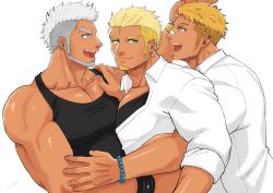 Rule 34 | 3boys, bandages, bara, bare pectorals, beard, biceps, blonde hair, bracelet, buzz cut, dark-skinned male, dark skin, ear piercing, earrings, facial hair, green eyes, harada (basashi), hug, jewelry, large pectorals, long sideburns, looking at another, looking at viewer, male focus, manly, mature male, multiple boys, muscular, muscular male, open mouth, original, pectoral docking, pectoral press, pectorals, piercing, shirt, short hair, sideburns, smile, smirk, stubble, stud earrings, tank top, thick eyebrows, tusks, very short hair, white background, white hair