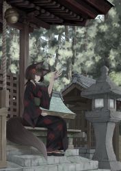 Rule 34 | 1girl, absurdres, animal ears, be (bbbbbbbbbe434), bell, blue sky, brown eyes, brown hair, closed mouth, commentary request, day, fish, floral print, forest, fox ears, fox tail, highres, japanese clothes, kimono, nature, obi, original, outdoors, sandals, sash, short hair, shrine, sitting, sitting on object, sky, solo, spider lily print, tail, temple