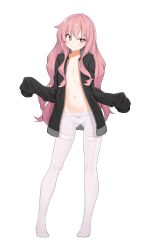 Rule 34 | 1girl, absurdres, bow, bow panties, cameltoe, closed mouth, collarbone, eyes visible through hair, flat chest, full body, gluteal fold, groin, hair between eyes, highres, jacket, legs apart, long hair, long sleeves, louise francoise le blanc de la valliere, navel, no bra, no pants, open clothes, open jacket, panties, panties under pantyhose, pantyhose, pink bow, pink eyes, pink hair, ribbonsnek, sidelocks, sleeves past fingers, sleeves past wrists, smile, solo, split mouth, standing, thighband pantyhose, transparent background, underwear, uneven eyes, very long hair, white panties, white pantyhose, zero no tsukaima