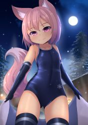 Rule 34 | 1girl, absurdres, animal ear fluff, animal ears, black gloves, black thighhighs, blue one-piece swimsuit, blurry, blurry background, competition school swimsuit, elbow gloves, fox ears, fox tail, full moon, gloves, highres, hotel01, looking at viewer, moon, night, one-piece swimsuit, onsen, original, pink eyes, pink hair, school swimsuit, short hair, smile, solo, sorbet (hotel01), standing, swimsuit, tail, thighhighs, towel, tree, wet