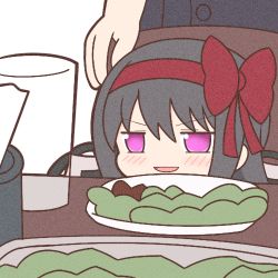 Rule 34 | 1girl, akemi homura, black hair, blush, bow, cup, drinking glass, hair bow, hairband, long hair, looking away, lowres, mahou shoujo madoka magica, meme, open mouth, pink eyes, plate, red bow, red hairband, smile, smug, table, woman yelling at cat (meme), yuno385