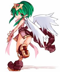 Rule 34 | 1girl, ass, dress, fire emblem, green eyes, green hair, jewelry, karukan (monjya), long hair, looking at viewer, nintendo, open mouth, pointy ears, shadow, simple background, solo, tiki (fire emblem), tiki (young) (fire emblem), white background, white wings, wings