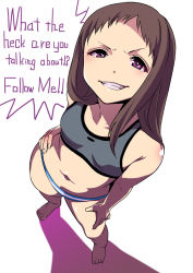 Rule 34 | 10s, 1girl, bare shoulders, barefoot, brown hair, collarbone, english text, from above, full body, grin, gujira, hand on own hip, idolmaster, idolmaster cinderella girls, koseki reina, long hair, looking at viewer, looking up, navel, panties, purple hair, sleeveless, smile, solo, sports bra, standing, striped clothes, striped panties, underwear, underwear only, white background