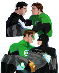 Rule 34 | 2boys, absurdres, bara, batman (series), black bodysuit, black gloves, black hair, blush, bodysuit, brown hair, carrying, carrying person, couple, dc comics, domino mask, facial hair, gloves, green bodysuit, green lantern, green lantern (series), grey bodysuit, hal jordan, haljordanmylove, highres, jewelry, large pectorals, looking at another, male focus, mask, multiple boys, muscular, muscular male, open mouth, pectorals, ring, short hair, simple background, smile, superhero costume, two-tone bodysuit, white background, white gloves, yaoi