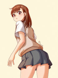 Rule 34 | 1girl, ass, brown eyes, brown hair, brown sweater vest, djt (user wrzg5248), from behind, grey skirt, highres, misaka mikoto, parted lips, school uniform, shirt, simple background, skirt, solo, sweater vest, toaru kagaku no railgun, toaru majutsu no index, tokiwadai school uniform, white shirt, yellow background