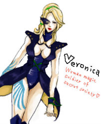 Rule 34 | 1girl, blonde hair, boots, breasts, cleavage, female focus, kneehighs, long hair, lowres, shadow hearts, shadow hearts ii, socks, solo, tattoo, veronica vera, white background, wristband
