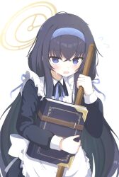 Rule 34 | 1girl, alternate costume, apron, black hair, blue archive, blue eyes, blue hairband, blue ribbon, blush, book, enmaided, feet out of frame, furrowed brow, hairband, halo, highres, holding, holding book, holding mop, long hair, looking at viewer, maid, mop, neck ribbon, open mouth, preste, ribbon, sweat, twintails, ui (blue archive), upper body, white apron, white background