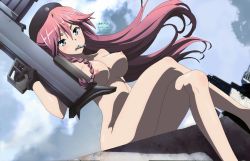 Rule 34 | 10s, 1girl, asami lilith, blue eyes, blush, braid, breasts, bullet, cloud, furuya kouji, gun, hat, highres, long hair, nipples, nude, nude filter, open mouth, pink hair, sitting, sky, solo, solo focus, teeth, thighs, third-party edit, trinity seven, weapon