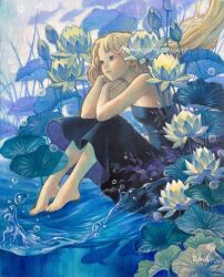 Rule 34 | 1girl, barefoot, black dress, blonde hair, blue eyes, breasts, commentary request, dress, fish, floating hair, full body, highres, light smile, lily pad, long hair, looking to the side, oil painting (medium), original, painting (medium), ringodrawing, sitting, small breasts, solo, strapless, strapless dress, surreal, traditional media, water, water lily flower