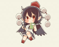 Rule 34 | 1girl, asagi narcissus, bird wings, black hair, black ribbon, black skirt, black wings, blush, chibi, closed mouth, collared shirt, commentary request, feathered wings, frilled skirt, frills, full body, geta, happy, hat, holding, holding notebook, holding pen, looking at viewer, miniskirt, neck ribbon, nib pen (object), notebook, pen, pointy ears, pom pom (clothes), puffy short sleeves, puffy sleeves, red eyes, red footwear, red hat, ribbon, shameimaru aya, shirt, short hair, short sleeves, simple background, skirt, smile, solo, tengu-geta, tokin hat, touhou, v-shaped eyebrows, white background, white shirt, wings