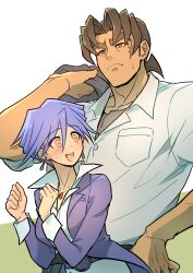 Rule 34 | 1boy, 1girl, absurdres, belt, blue hair, blush, brown eyes, brown hair, carrying over shoulder, clenched hands, collared shirt, dangle earrings, earrings, facial scar, frown, gem, hand on own hip, hand up, hands up, highres, holding, holding clothes, jacket, jewelry, layered shirt, muscular, muscular male, necklace, nervous smile, open clothes, open jacket, open mouth, orange eyes, pants, parted bangs, pendant, purple jacket, red gemstone, sagiri mikage, scar, scar on cheek, scar on face, shirt, short hair, simple background, size difference, smile, suit jacket, surprised, sweatdrop, thick eyebrows, ushio tetsu, white pants, white shirt, youko-shima, yu-gi-oh!, yu-gi-oh! 5d&#039;s