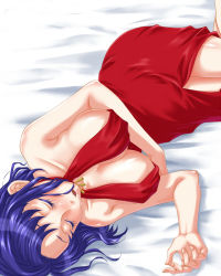 Rule 34 | 00s, 1girl, bed, blue hair, breasts, cecile croomy, chiwa, cleavage, code geass, dress, drooling, huge breasts, indoors, jewelry, large breasts, necklace, no bra, red dress, saliva, short hair, sideboob, sleeping, solo