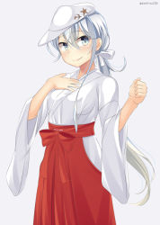 Rule 34 | 10s, 1girl, alternate costume, bad id, bad pixiv id, blue eyes, cowboy shot, flat cap, hair between eyes, hakama, hakama skirt, hammer and sickle, hand on own chest, hat, hibiki (kancolle), japanese clothes, kankitsunabe (citrus), kantai collection, long hair, looking at viewer, low ponytail, miko, ponytail, red hakama, silver hair, skirt, smile, solo, standing, verniy (kancolle)