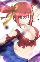 Rule 34 | 1girl, absurdres, ass, blue eyes, breasts, butt crack, cleavage, dmayaichi, fairy tail, highres, large breasts, midriff, red hair, sheria blendy, skirt, smile, torn clothes, twintails
