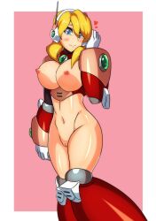 Rule 34 | 1girl, absurdres, alia (mega man), android, armor, blue eyes, bodysuit, breasts, capcom, censored, functionally nude, gloves, heart, highres, kotatuman dash, large breasts, looking at viewer, mega man (series), mega man x (series), navel, nipples, pink armor, pussy, robot, robot ears, robot girl, simple background, smile, solo, standing, white gloves