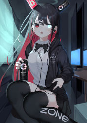 Rule 34 | 1girl, :o, absurdres, bad id, bad pixiv id, black bow, black bowtie, black hair, black jacket, black skirt, black thighhighs, blue eyes, bow, bowtie, breasts, can, clothes writing, colored inner hair, computer, dive to zone, earphones, hair ornament, heterochromia, highres, holding, hood, hood down, hooded jacket, jacket, long hair, long sleeves, looking at viewer, mechanical ears, medium breasts, miniskirt, multicolored hair, open clothes, open jacket, open mouth, red eyes, red hair, shirt, sidelocks, sitting, skirt, solo, symbol-shaped pupils, thighhighs, two-tone hair, white shirt, zettai ryouiki, zukan (db tyoutyo)