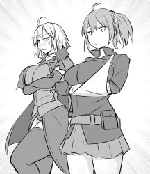 Rule 34 | 2girls, ahoge, arm sling, armor, black shirt, blush, boots, breasts, bridal gauntlets, chain, choker, cleavage, cloak, fate/grand order, fate (series), fujimaru ritsuka (female), fujimaru ritsuka (female) (polar chaldea uniform), greyscale, jeanne d&#039;arc (fate), jeanne d&#039;arc alter (avenger) (fate), jeanne d&#039;arc alter (fate), knee boots, large breasts, lying, monochrome, multiple girls, nia (0122), on side, shirt, short hair, simple background, thighhighs, white background