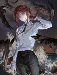 Rule 34 | 1girl, absurdres, bird, black necktie, black pants, blunt bangs, braid, buttons, chainsaw man, cloud, collared shirt, cowboy shot, crow, flying, formal, grey sky, hand up, high-waist pants, highres, holding, holding hair, long hair, looking to the side, makima (chainsaw man), necktie, ocean, outdoors, pants, parted lips, red hair, ringed eyes, rock, shirt, sidelocks, single braid, sky, solo, standing, suit, water, white shirt, yellow eyes, zzom b