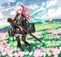 Rule 34 | 1girl, absurdres, ambriel (arknights), arknights, black bow, black footwear, black gloves, black jacket, black pantyhose, black thighhighs, blue sky, boots, bow, cloud, day, flower, full body, gloves, grass, gun, hair bow, halo, highres, holding, holding gun, holding weapon, jacket, long hair, long sleeves, looking at viewer, one side up, outdoors, pantyhose, parted lips, petals, pink flower, pink hair, purple eyes, rifle, sky, solo, standing, thighhighs, wanshuibaipo, weapon, wings, zettai ryouiki