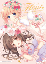 Rule 34 | 2girls, :d, ahoge, angel wings, arm support, bad id, bad pixiv id, bird, blonde hair, blue eyes, blush, bow, bracelet, braid, breasts, brown eyes, brown hair, circle name, cover, cover page, dress, eyes visible through hair, flower, flower wreath, frilled gloves, frills, gloves, hair flower, hair ornament, head wreath, heart, jewelry, key, layered dress, letter, lingerie, long hair, looking at viewer, love letter, lying, medium breasts, mini wings, multiple girls, negligee, on back, on stomach, open mouth, original, pan (mimi), panties, rose, see-through, short hair, smile, underwear, wings