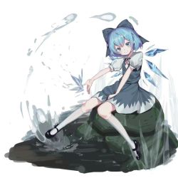 Rule 34 | 1girl, aiza-ku, blue eyes, blue hair, bow, cirno, hair bow, ice, ice wings, mary janes, rock, shoes, short hair, sitting, sitting on rock, touhou, water, white legwear, wings