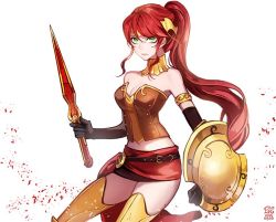 Rule 34 | 1girl, armlet, bad id, bad twitter id, breasts, cleavage, dated, ecru, gloves, green eyes, navel, pyrrha nikos, red hair, rwby, solo, strapless