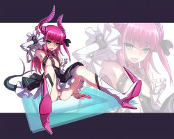Rule 34 | 10s, 1girl, armpits, blush, claws, detached sleeves, dress, elizabeth bathory (fate), elizabeth bathory (fate/extra ccc), elizabeth bathory (first ascension) (fate), fang, fate/extra, fate/extra ccc, fate (series), high heels, highres, horns, long hair, panties, pantyshot, petticoat, pink hair, pointy ears, pointy footwear, shoes, spread legs, striped clothes, striped panties, tail, todee, two side up, underwear, zoom layer