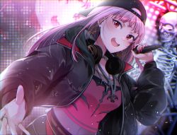 Rule 34 | 1girl, :d, backwards hat, baseball cap, black hat, black jacket, blush, breasts, dutch angle, earrings, hat, headphones, headphones around neck, highres, holding, holding microphone, hololive, hololive english, jacket, jewelry, long hair, long sleeves, looking at viewer, microphone, mitsumine (ookami no oyashiro), mori calliope, mori calliope (new underworld order), multiple rings, nail polish, necklace, open clothes, open jacket, open mouth, pink hair, puffy long sleeves, puffy sleeves, red eyes, red nails, red shirt, ring, screen, shirt, skeleton, smile, solo, sweat, upper body, v-shaped eyebrows, virtual youtuber