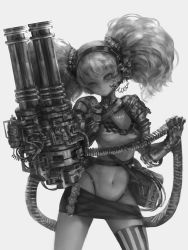 Rule 34 | 1girl, ammunition belt, bacius, breasts, greyscale, gun, miniskirt, monochrome, navel, original, single thighhigh, skirt, small breasts, solo, thighhighs, twintails, weapon