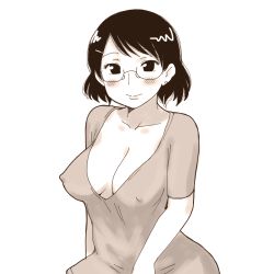 Rule 34 | 1girl, aaaa (quad-a), bad id, bad pixiv id, black hair, blush, breasts, cleavage, covered erect nipples, dress, female focus, glasses, hair ornament, hairclip, highres, large breasts, looking at viewer, monochrome, nipples, no bra, original, short hair, sketch, smile, solo