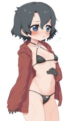 Rule 34 | 1girl, alternate costume, bikini, black bikini, black gloves, black hair, blue eyes, blush, bow, bow bikini, breasts, breasts apart, commentary request, cowboy shot, criss-cross halter, flying sweatdrops, gloves, groin, hair between eyes, halterneck, highres, jacket, kaban (kemono friends), kemono friends, navel, open clothes, open jacket, parted lips, ransusan, red jacket, short hair, simple background, sleeves past wrists, small breasts, solo, stomach, swimsuit, tareme, white background