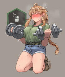 Rule 34 | 1girl, ahoge, belt, blonde hair, blush, boots, braid, breasts, brown footwear, closed eyes, collarbone, denim, denim shorts, dumbbell, ergot, escape from tarkov, exercising, floating hair, flying sweatdrops, furrowed brow, gameplay mechanics, green shirt, grey background, hands up, holding, indie virtual youtuber, large breasts, long hair, mouse (computer), puffy cheeks, quick time event, shirt, shirt tucked in, short shorts, short sleeves, shorts, sidelocks, signature, steaming body, t-shirt, thighs, trembling, virtual youtuber, weightlifting, whiskey project