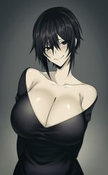 Rule 34 | 1girl, absurdres, arms behind back, bare shoulders, black eyes, black hair, blush, breasts, cleavage, eyebrows, goth fashion, grey background, highres, huge breasts, hz (666v), large breasts, looking at viewer, medium hair, off-shoulder shirt, off shoulder, original, pale skin, shiny skin, shirt, short hair, sleeveless, smile, solo, upper body