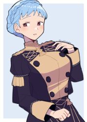 Rule 34 | 1girl, blue background, blue hair, blush, border, braid, breasts, brown eyes, buttons, commentary request, crown braid, do m kaeru, fire emblem, fire emblem: three houses, garreg mach monastery uniform, large breasts, long sleeves, looking at viewer, marianne von edmund, nintendo, outside border, short hair, simple background, solo, twitter username, white border