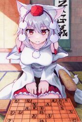 Rule 34 | 1girl, animal ear fluff, animal ears, black skirt, board game, breasts, closed mouth, commentary request, detached sleeves, full body, hat, highres, inubashiri momiji, kittona, large breasts, looking at viewer, pom pom (clothes), red eyes, red hat, red skirt, seiza, shirt, shogi, shogi piece, short hair, sitting, skirt, solo, tail, tatami, tokin hat, touhou, two-tone skirt, white hair, white shirt, wide sleeves, wolf ears, wolf girl, wolf tail